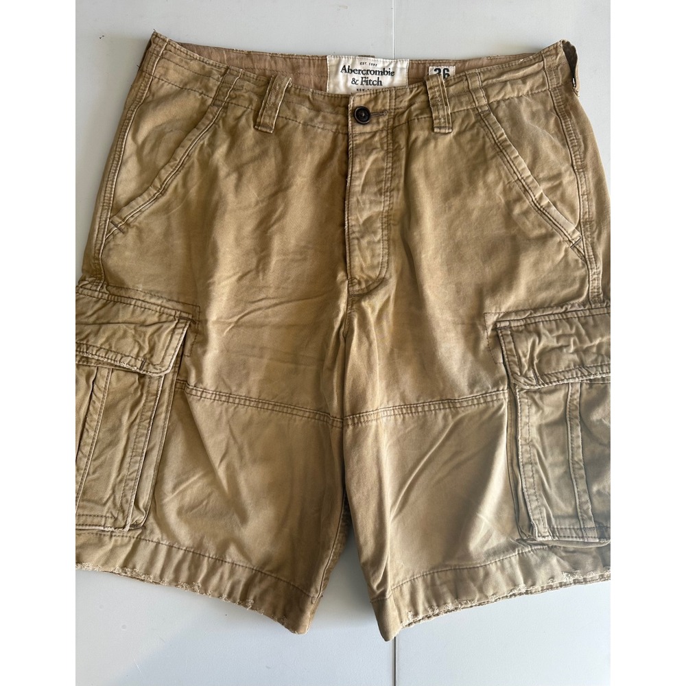 Y2K Abercrombie & Fitch Mens Cargo Shorts Tan Khaki Distressed Hem Size 36